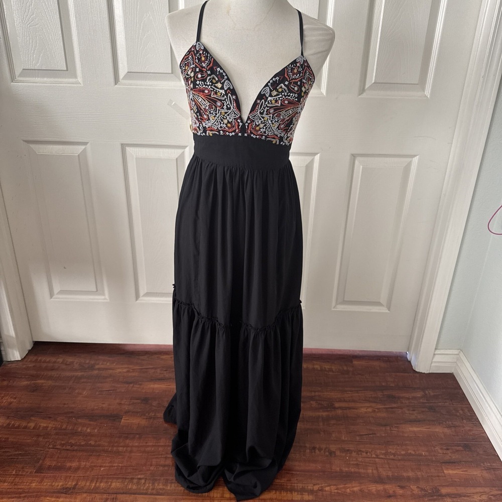 Abercrombie & Fitch Embroidered Boho Maxi Dress M Black V Neck Cross Back